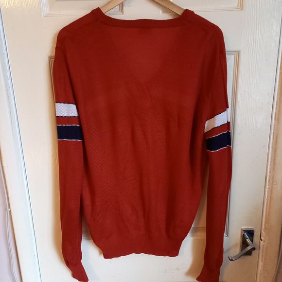 Size 46-48 P2P25" Vintage Red Striped V-Neck Lightweight Jumper - Picture 6 of 7